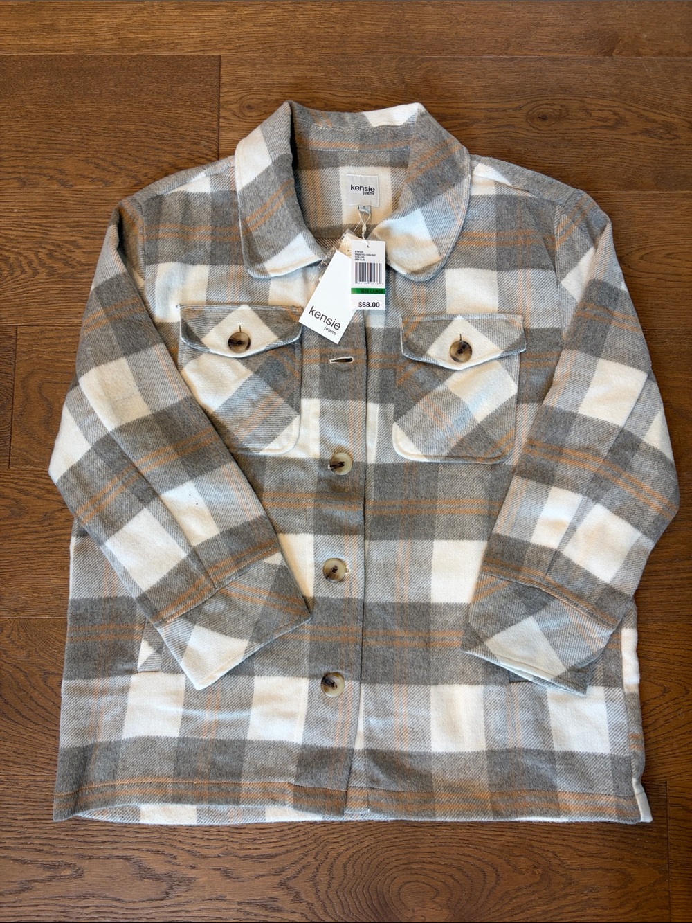 Kensie Plaid Button Jacket - Cream, Gray & Tan